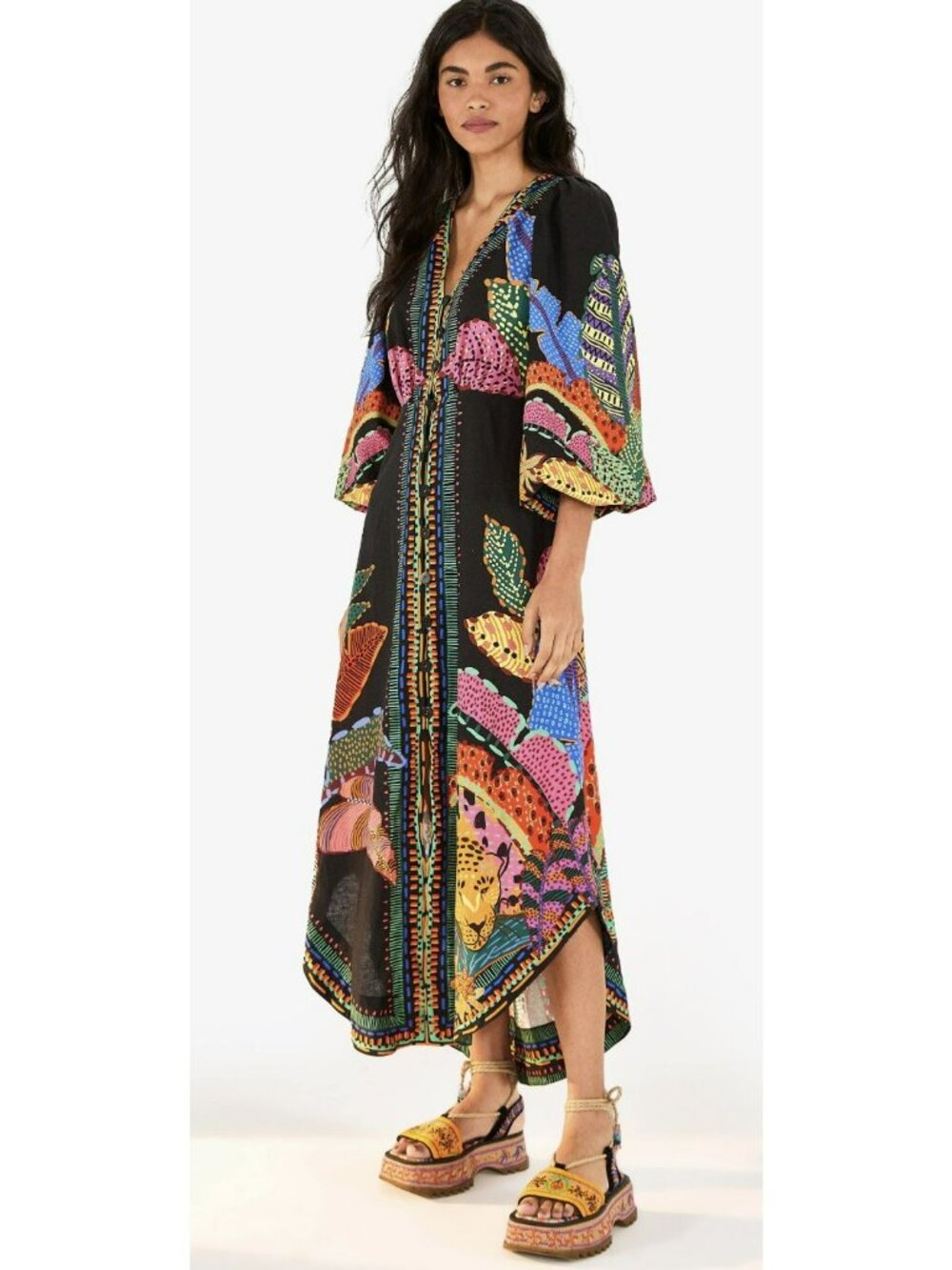 Farm Rio Linen Blend Black Cool Leopards Maxi Dress V-Neck Size Large New